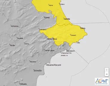 Aviso amarillo en el litoral norte de Alicante de la AEMET para el jueves 16 de enero 2025