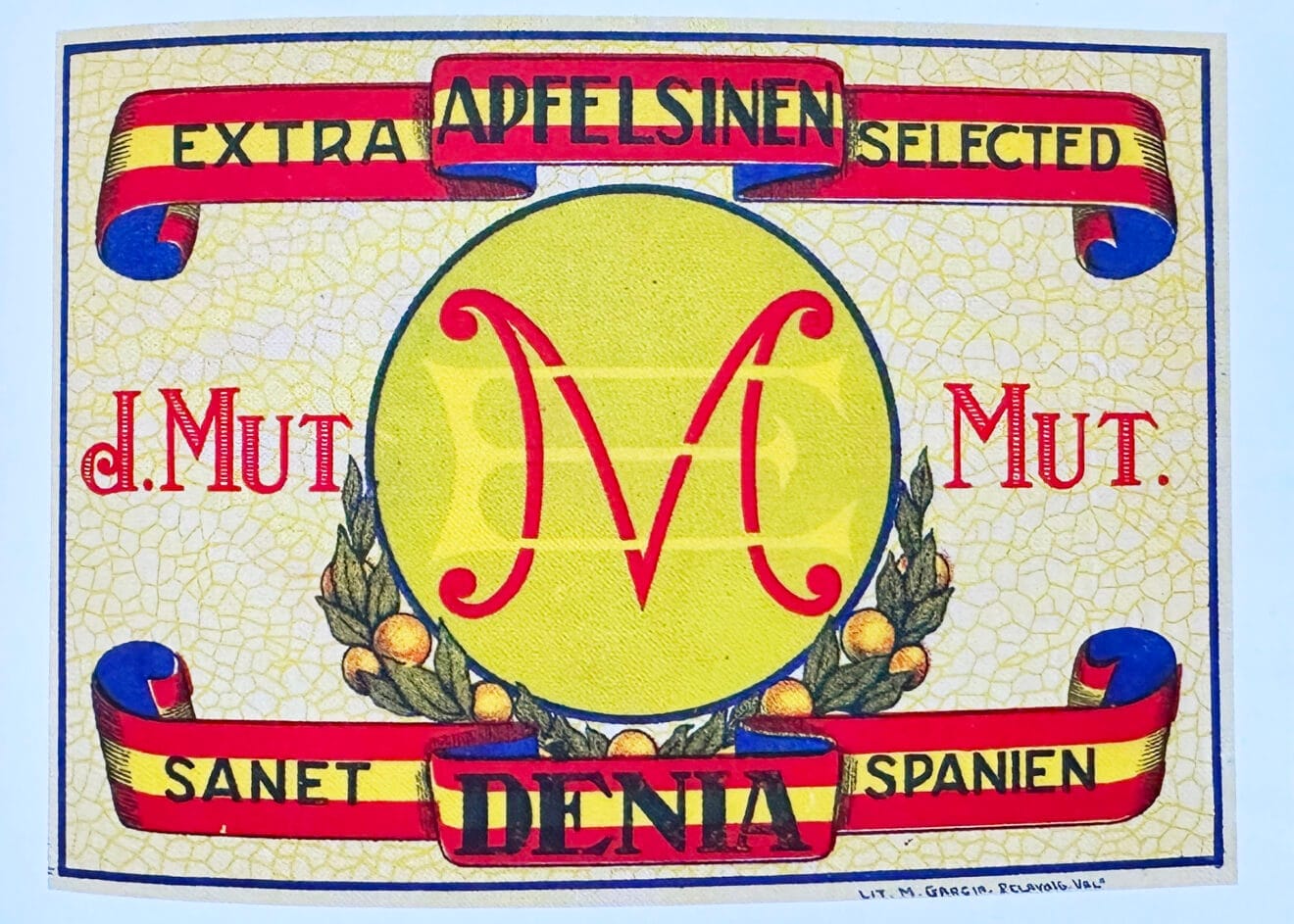 Etiqueta 'Extra Apfelsinen Selected, J. Mut Mut, Sanet Denia Spanien'