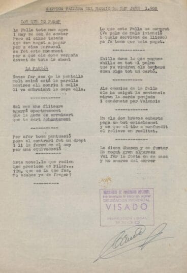Aprovación de la censura sobre la crítica fallera del barrio de San José en 1956. Arxiu Municipal Pego