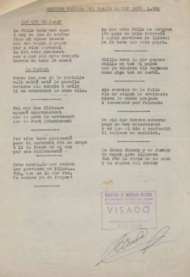 Genehmigung der Zensur der Kritik an den Fallas im Viertel San José im Jahr 1956. Stadtarchiv Pego