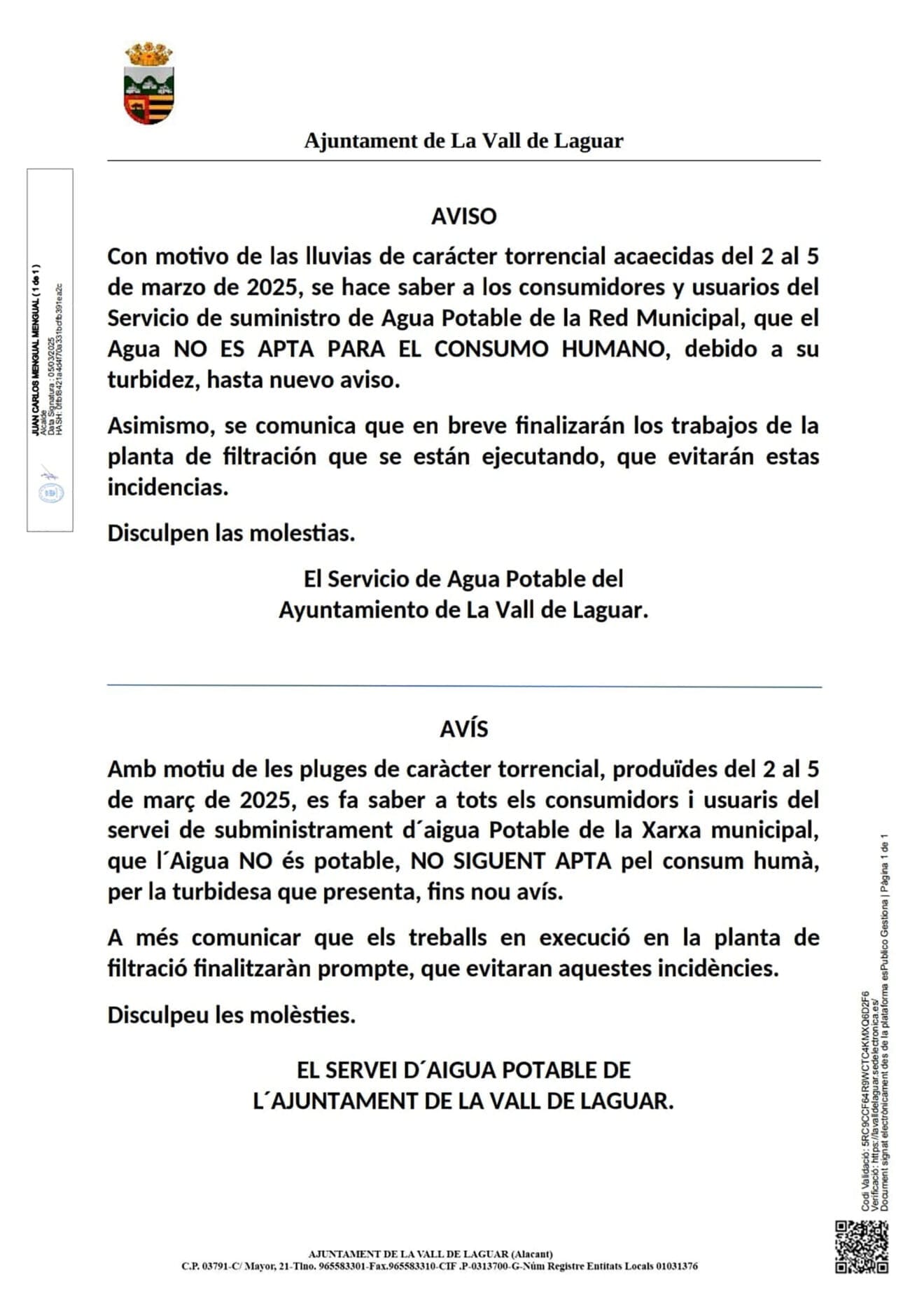 Aviso del  Ayuntamiento de la Vall de Laguar sobre el agua no apta para el consumo