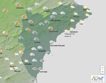 Mapa de predicción de la AEMET en Alicante para el domingo 9 de marzo 2025 entre las 12.00 y las 18.00 horas