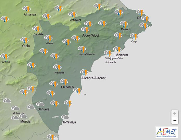 Imagen: Mapa de predicción de la AEMET en Alicante para el miércoles 5 de marzo 2025 a las 19.00 horas