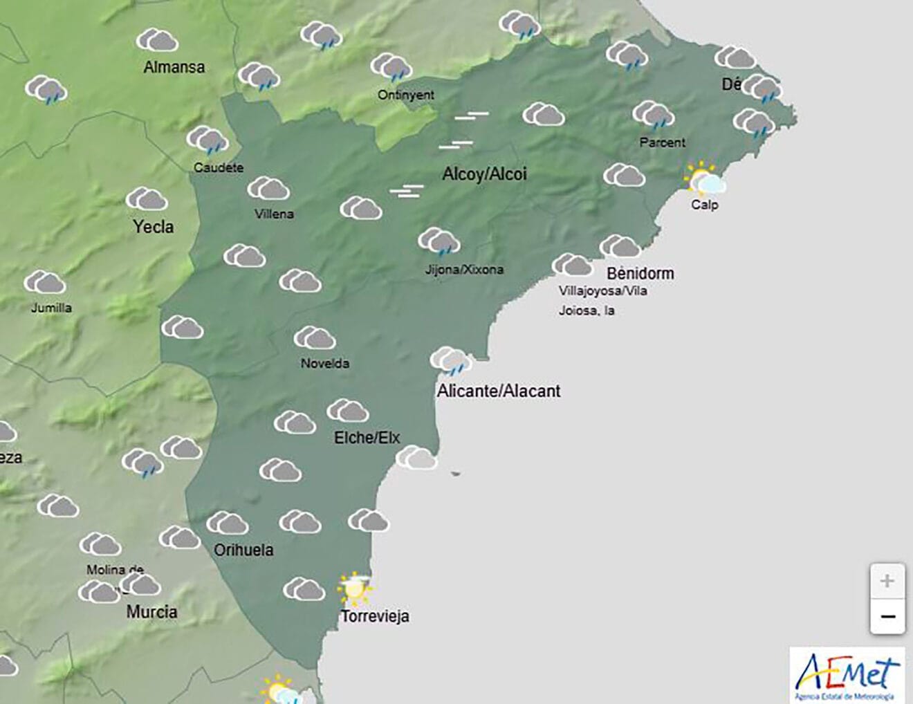 Mapa de predicción de la AEMET en Alicante para el viernes 7 de marzo 2025 a las 18.00 horas