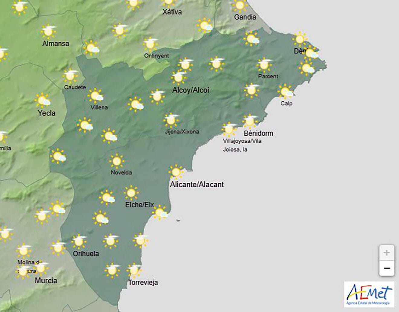 Predicción de la AEMET para Alicante el miércoles 19 de marzo 2025 a las 15.00 horas