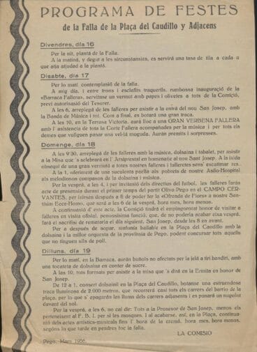 Programa de las Fallas de Pego, 1956. Fala de la Plaça del Caudillo y Adjacens. Arxiu Municipal Pego