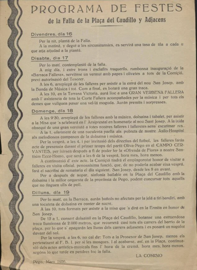 Programm der Fallas von Pego 1956. Die Gedenktafel des Anführers und der Umgebung ist im Stadtarchiv von Pego ausgestellt.