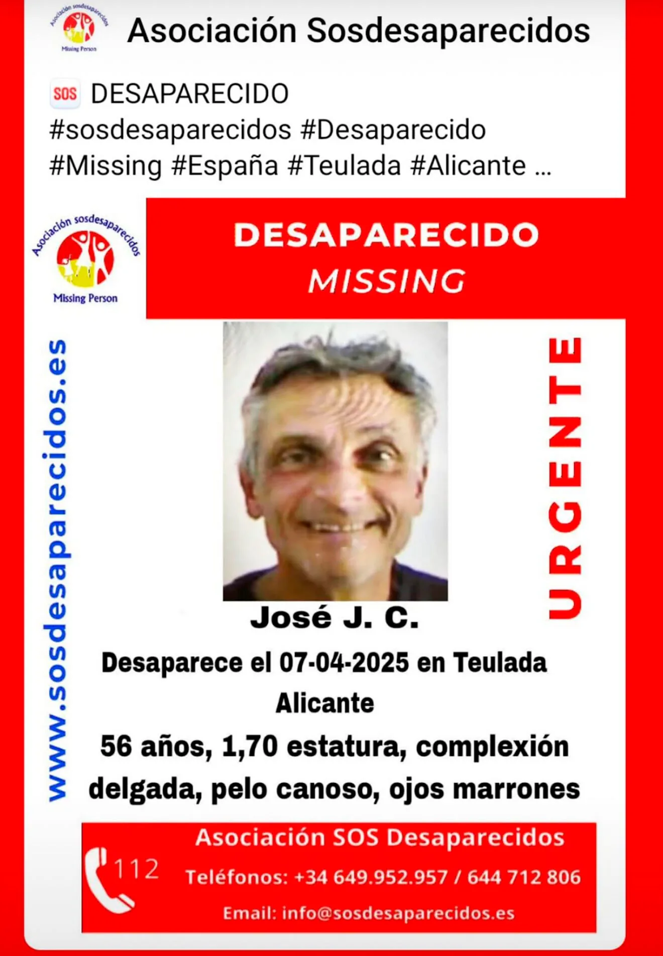 Alerta de SOS Desaparecidos sobre la búsqueda de José J. C. en Teulada