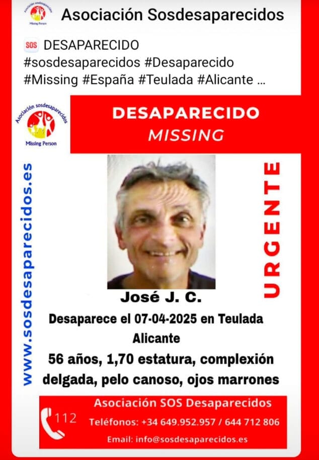 Imagen: Alerta de SOS Desaparecidos sobre la búsqueda de José J. C. en Teulada