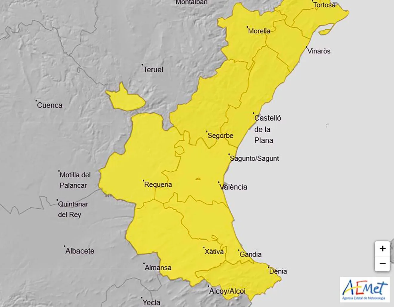 Mapa de avisos activos de la AEMET el martes 22 de abril 2025 en la Comunitat Valenciana