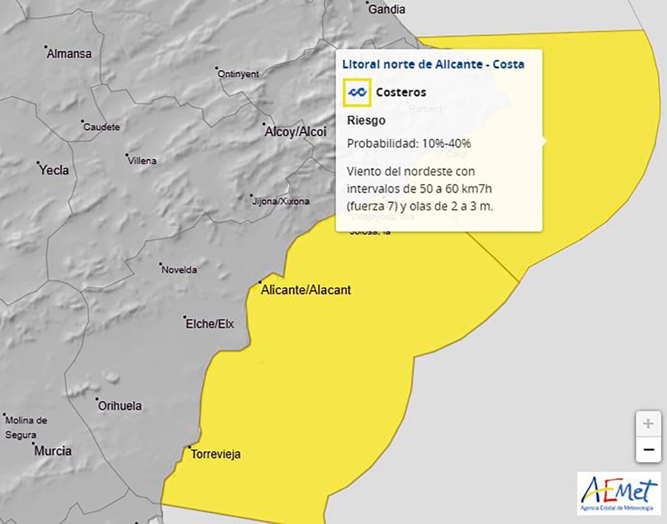Mapa de avisos activos de la AEMET por fenómenos costeros el viernes 4 de abril 2025 en el litoral norte de Alicante