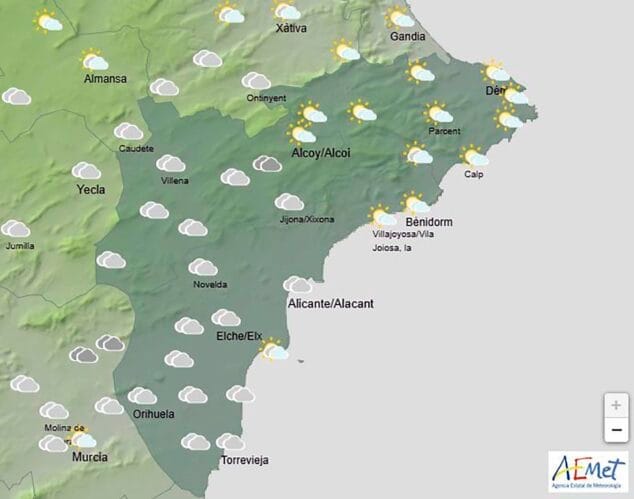 Imagen: Mapa de predicción de la AEMET en Alicante para el lunes 21 de abril 2025 entre las 12.00 y las 18.00 horas