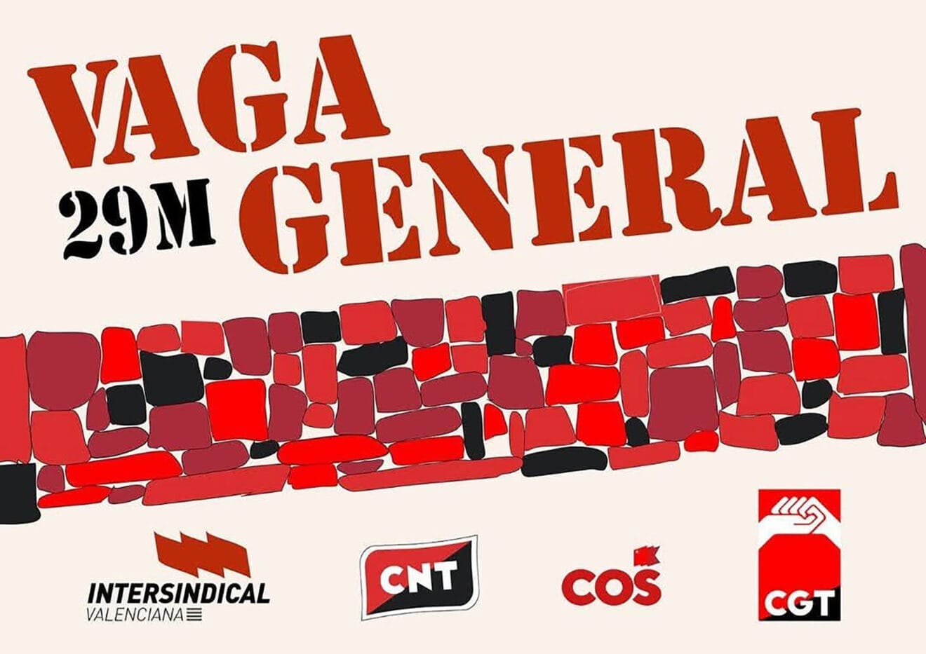 Cartel de la huelga general convocada por Intersindical Valenciana, CNT, CGT y COS