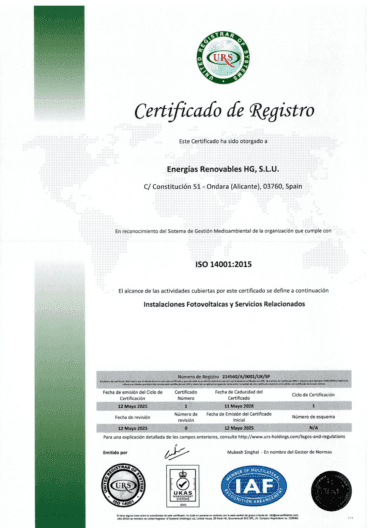 Certificado ISO de Energías Renovables HG