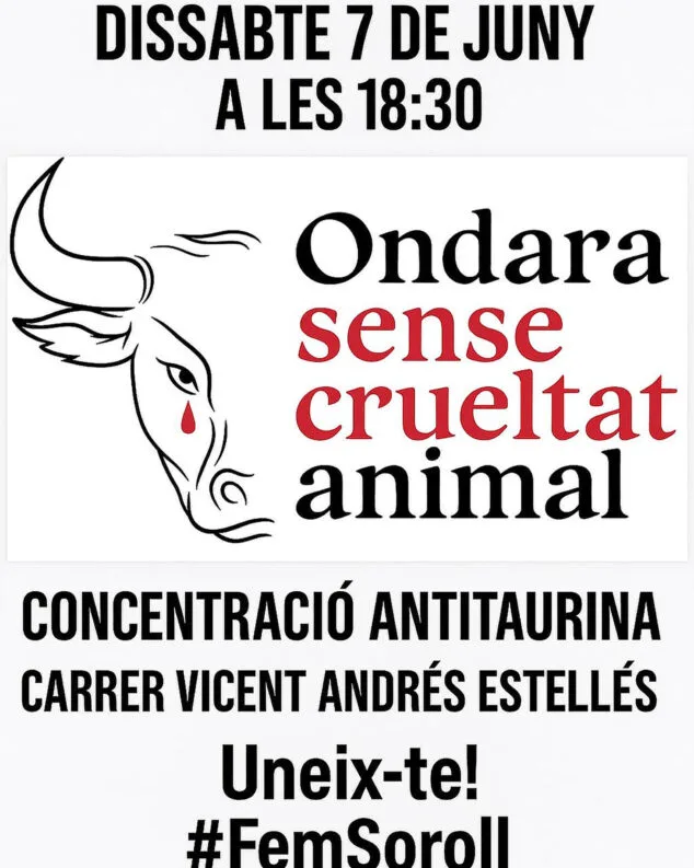 «Ondara sense crueltat animal» volverá a concentrarse ante la celebración de una «Feria de la Marina» taurina 2 Imagen: Convocatoria de 'Ondara sense crueltat animal' para el 7 de junio 2025