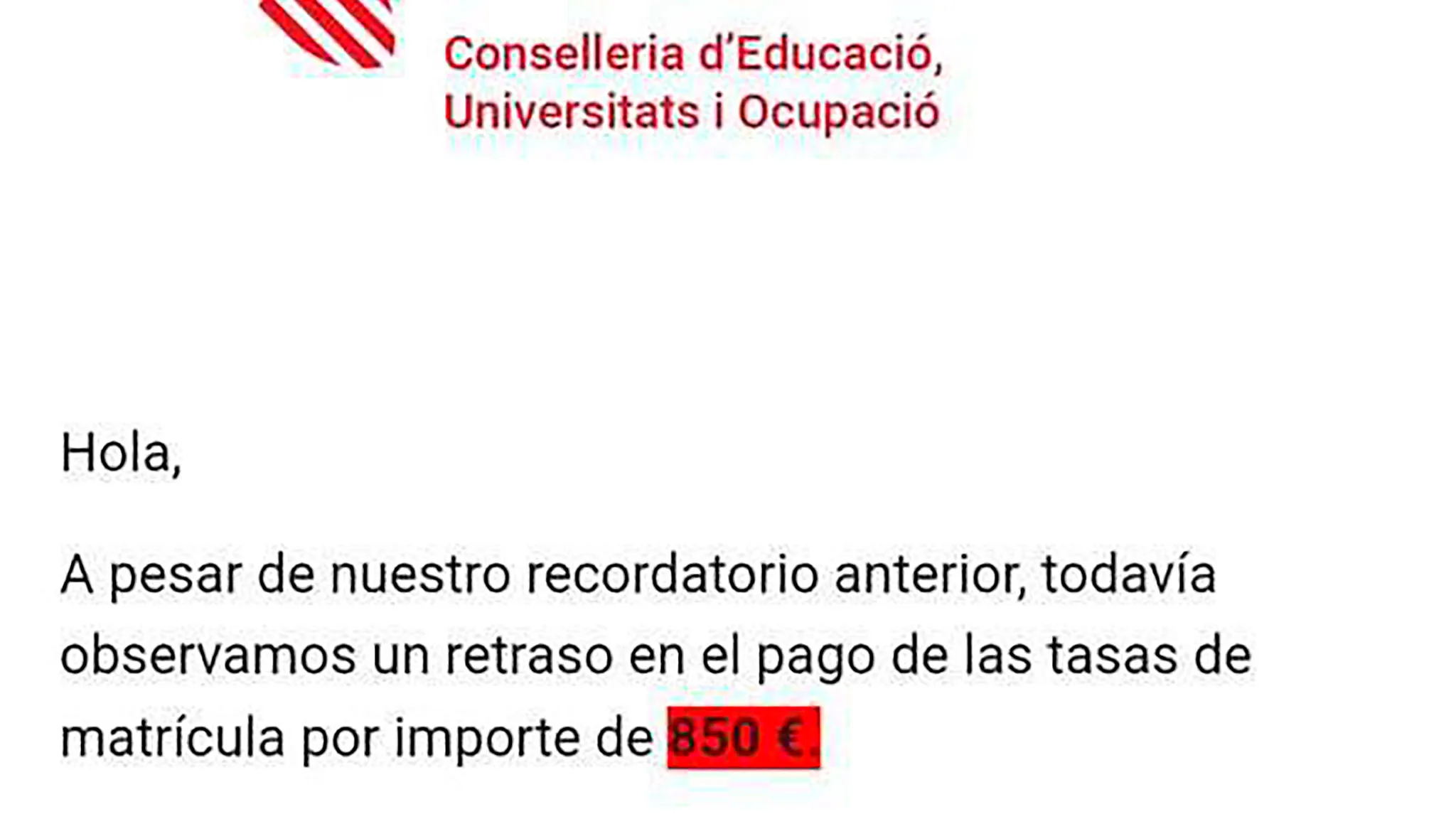 el mensaje fraudulento que suplanta a la conselleria de educacion de la generalitat valenciana