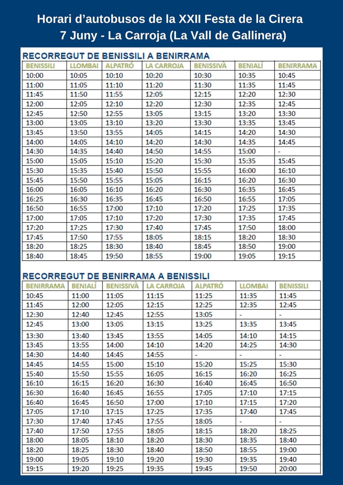 Horarios de autobuses para la XXII Festa de la Cirera 2025