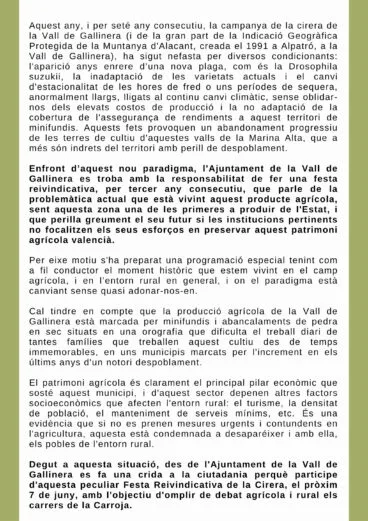 Manifiesto del Ayuntamiento de la Vall de Gallinera por la XXII Festa de la Cirera 2025