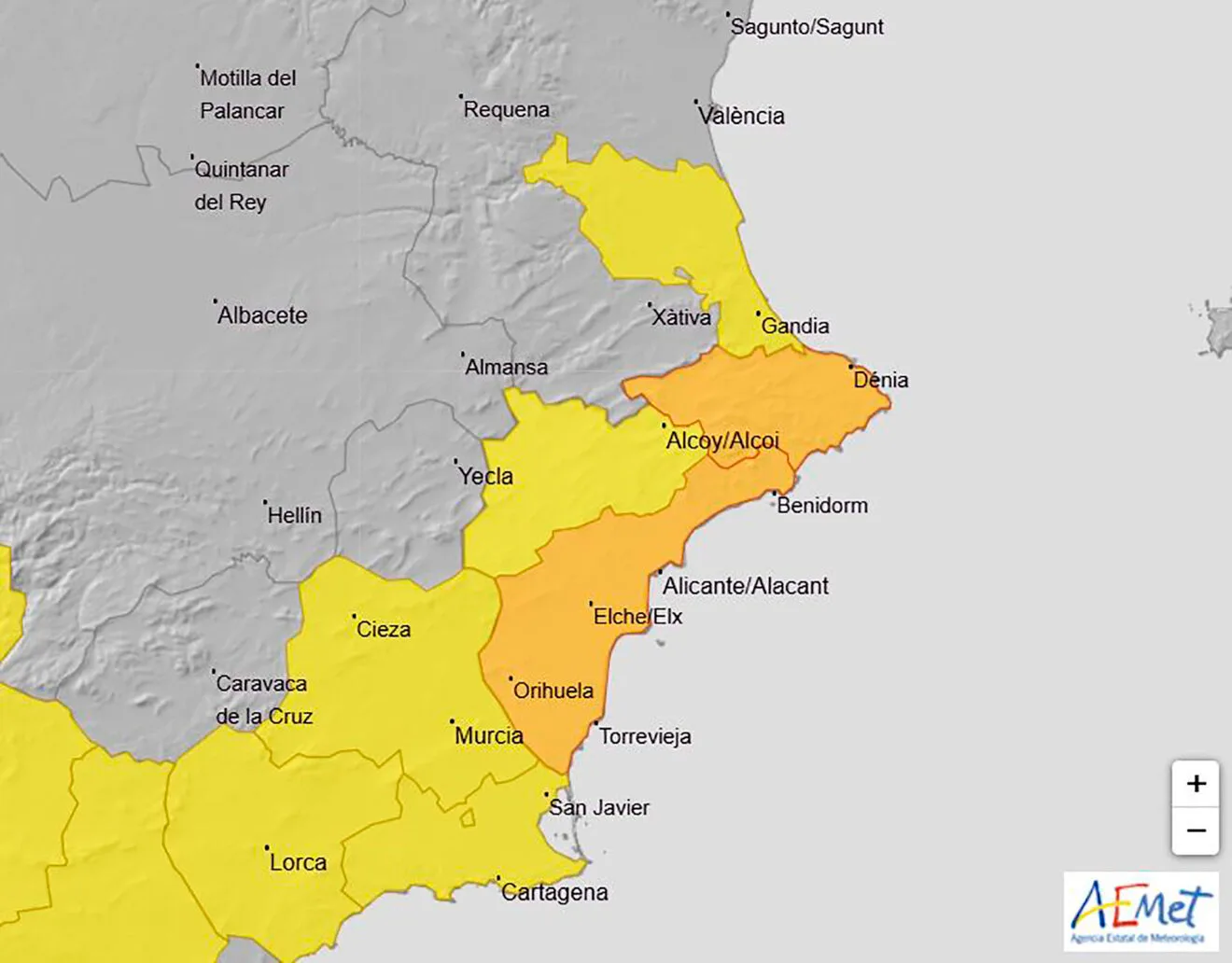 Mapa de avisos activos actualizado de la AEMET el viernes 23 de mayo de 2025 en la Comunitat Valenciana