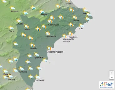 Mapa de predicción de la AEMET en Alicante para el domingo 11 de mayo 2025 entre las 12.00 y las 18.00 horas