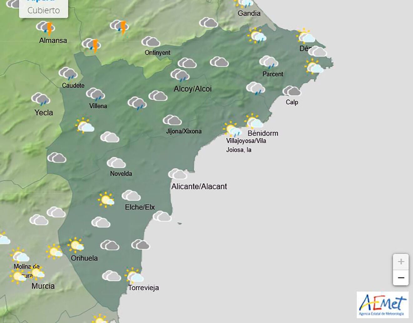 Mapa de predicción de la AEMET en Alicante para el jueves 8 de mayo 2025 a las 12.00 horas