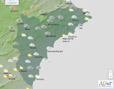 Mapa de predicción de la AEMET en Alicante para el jueves 8 de mayo 2025 a las 12.00 horas