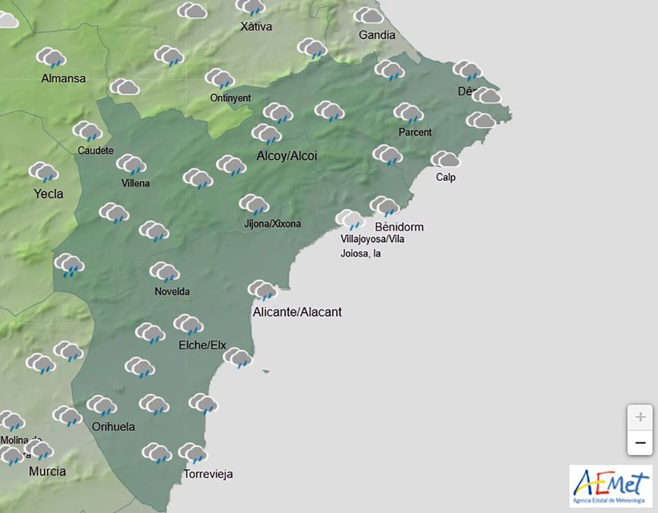 Mapa de predicción de la AEMET en Alicante para el viernes 23 de mayo 2025 a las 14.00 horas