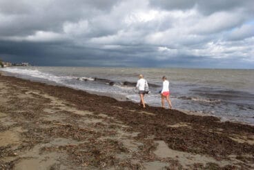 pareja paseando por la orilla de una playa de denia archivo