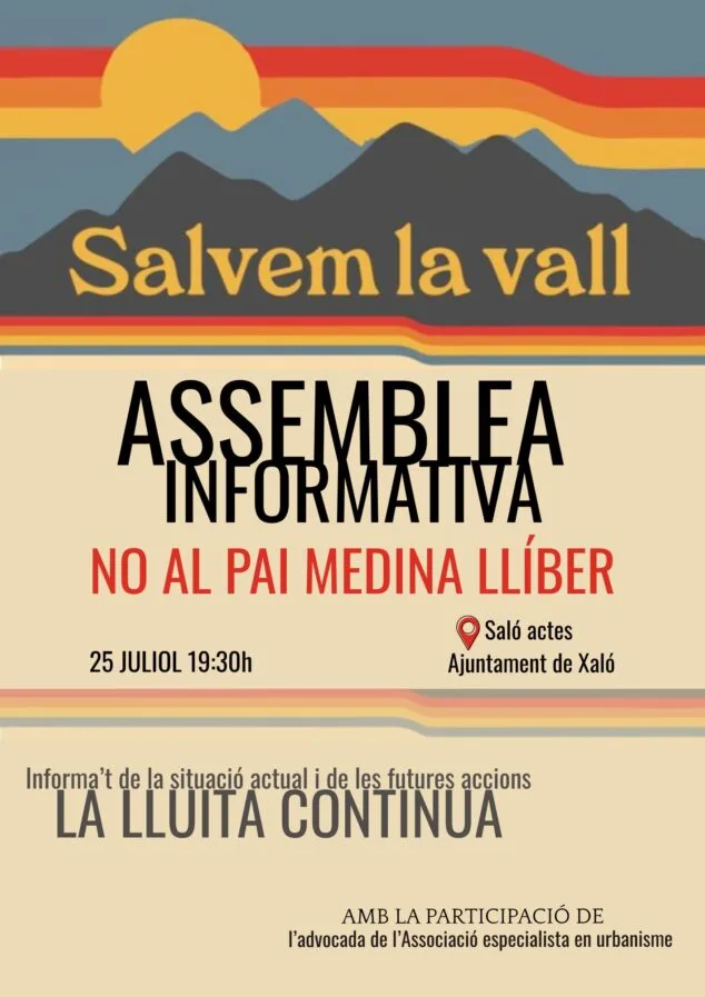 Nuevas acciones contra el PAI de Llíber: Salvem la Vall convoca una asamblea informativa para explicar las acciones judiciales y movilizaciones 1 Imagen: Cartel de la Asamblea Informativa Salvem la Vall