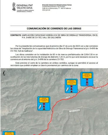 Comunicación del inicio de las obras de ampliación de la capacidad hidráulica en la Vall de Gallinera