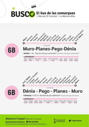 Horario del autobús BUSCO línea 6B Muro-Planes-Pego-Denia