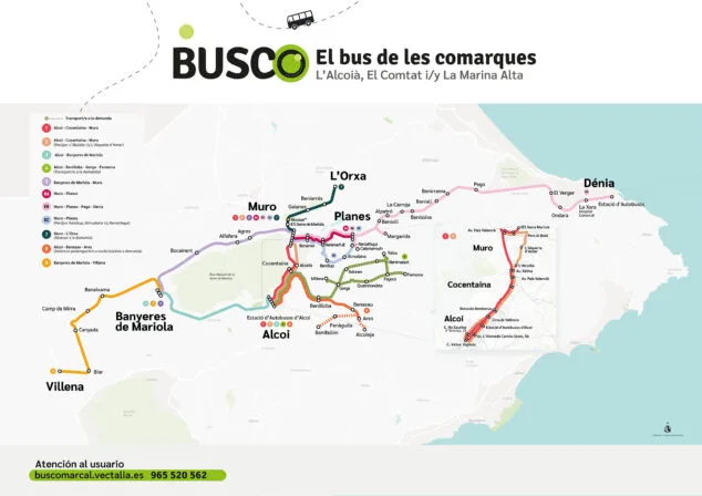 Cómo es BUSCO, el bus de les comarques en la Marina Alta: sus paradas, horarios y rutas 2 Imagen: Mapa de líneas del servicio de autobús comarcal en Alicante BUSCO