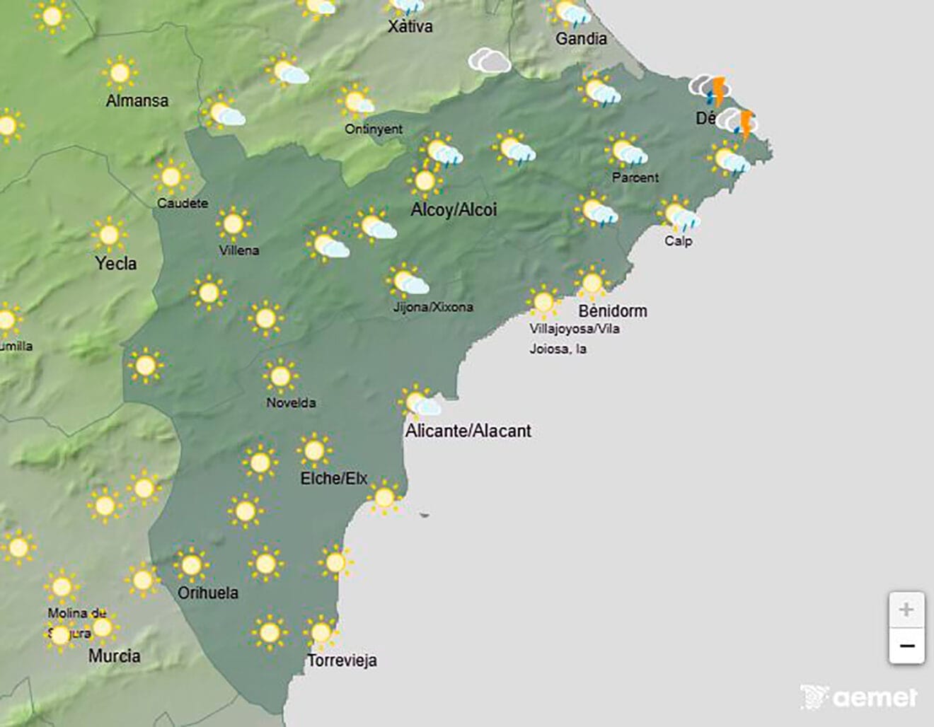 Mapa de predicción de la AEMET en Alicante para el sábado 12 de julio 2025 a las 13.00 horas