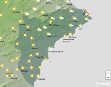 Mapa de predicción de la AEMET en Alicante para el sábado 12 de julio 2025 a las 13.00 horas