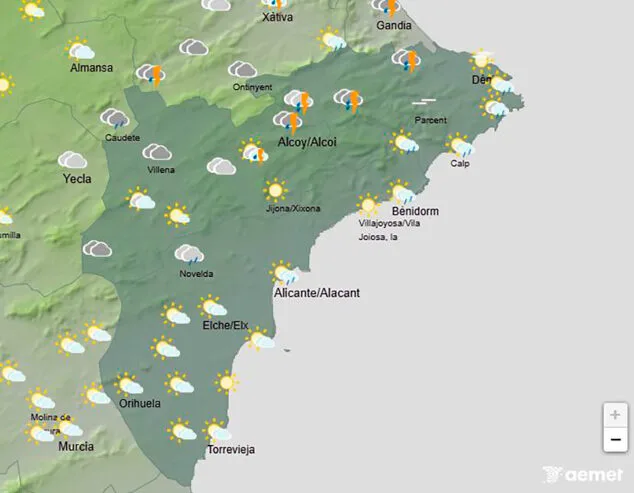 Activado el aviso amarillo de la AEMET por lluvias y tormentas en el litoral norte de Alicante 3 Imagen: Mapa de predicción de la AEMET en Alicante para el sábado 12 de julio 2025 a las 19.00 horas