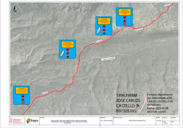 plano de carreteras cortadas por las obras de ampliacion de la capacidad hidraulica en la vall de gallinera