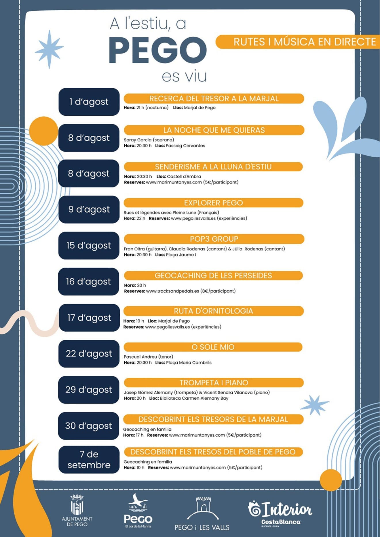 Programa de música y rutas en verano de Pego en agosto 2025