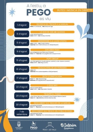 Programa de música y rutas en verano de Pego en agosto 2025