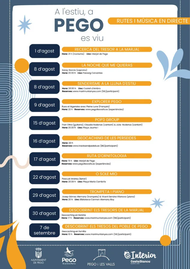 Imagen: Programa de música y rutas en verano de Pego en agosto 2025