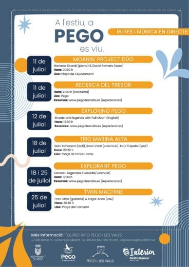 Programa de música y rutas en verano de Pego en julio 2025