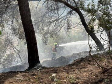 Feuerwehrleute kühlen das Brandgebiet in Teulada