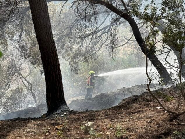 Imagen: Bomberos refrescando la zona del incendio en Teulada