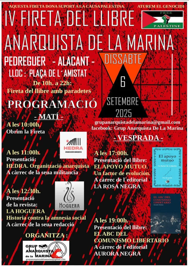 La Fireta del Llibre Anarquista de la Marina celebra su cuarta edición en Pedreguer 1 Imagen: Cartel de la IV Fireta del llibre Anarquista de la Marina en Pedreguer