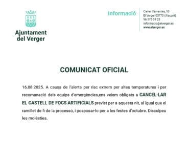 Comunicado oficial del Ayuntamiento del Verger que suspende el castillo de fuegos artificiales
