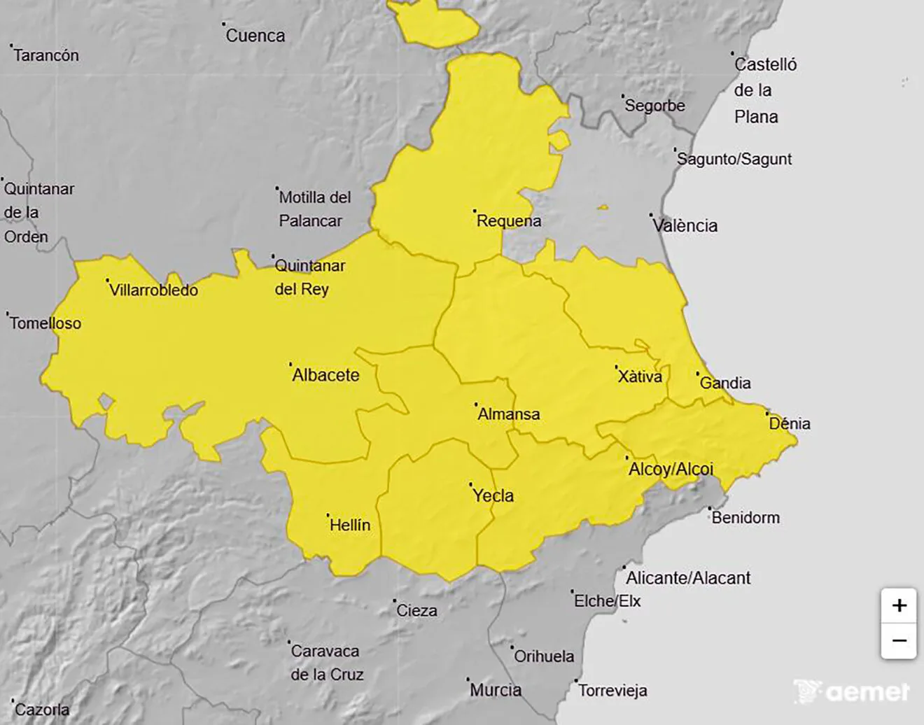 Mapa de avisos activos de la AEMET el viernes 22 agosto 2025