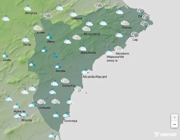 Imagen: Mapa de predicción de la AEMET en Alicante para el jueves 21 agosto 2025 entre las 00.00 y las 06.00 horas