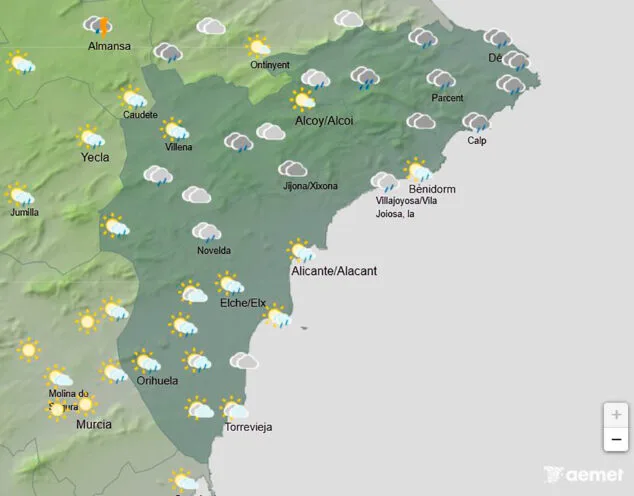 Imagen: Mapa de predicción de la AEMET en Alicante para el miércoles 20 agosto 2025 a las 19.00 horas