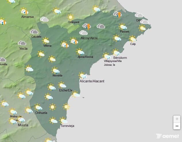 Imagen: Mapa de predicción de la AEMET en Alicante para el viernes 22 agosto 2025 a las 16.00 horas