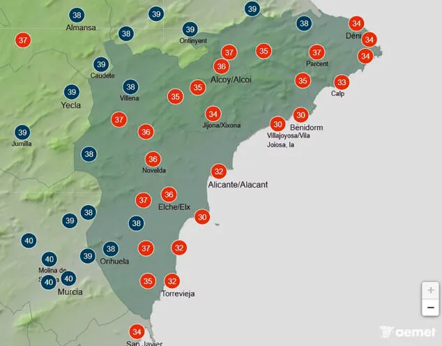 mapa de temperaturas maximas en alicante el lunes 11 de agosto 2025 aemet