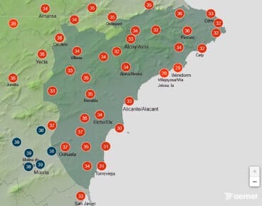 Mapa de temperaturas máximas en Alicante el martes 12 de agosto 2025 – AEMET